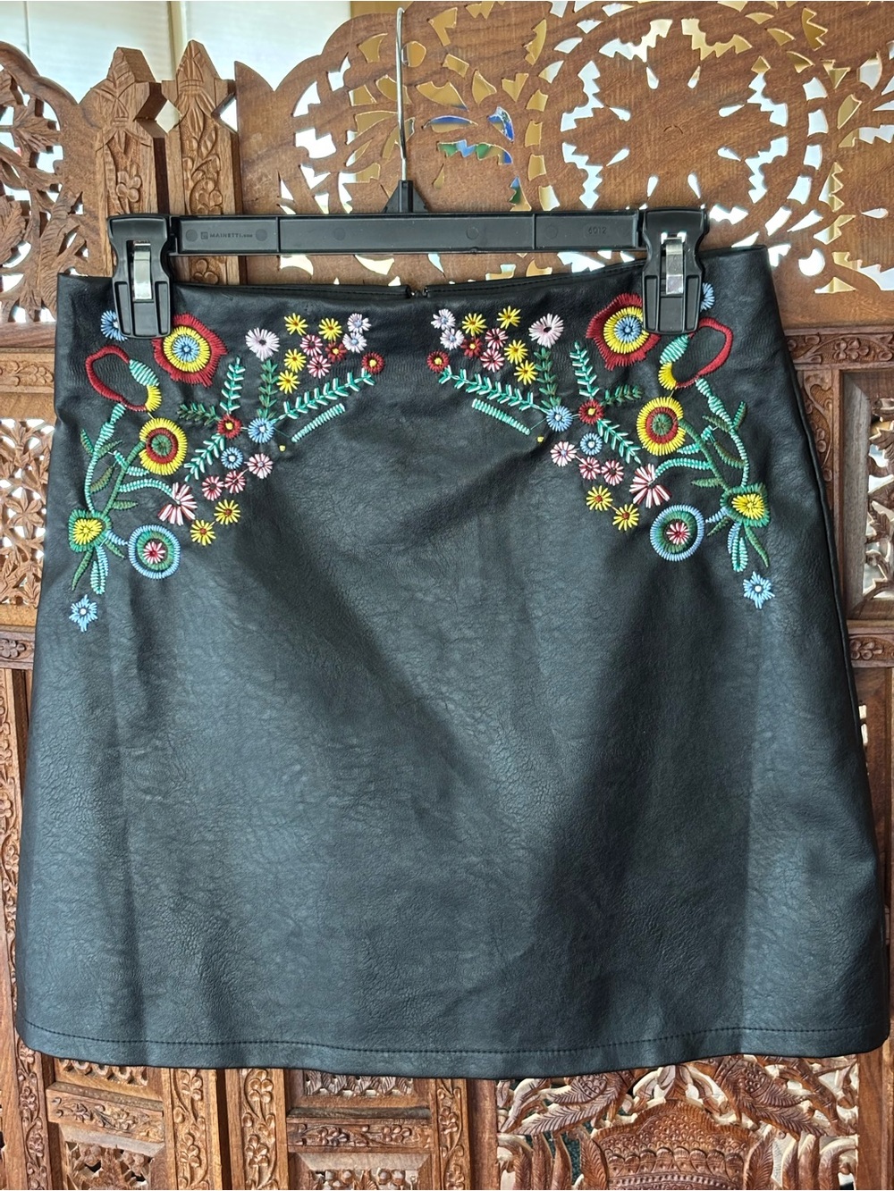 Venti6 Embroidered Black Faux Leather Mini Skirt